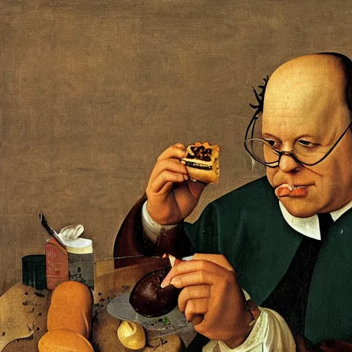 Image similar to George Costanza eating an eclair out of a trash can, by Hieronymous Bosch