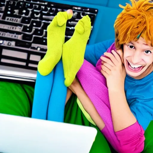 Prompt: shaggy from scooby doo with mismatching socks laptop and laughing