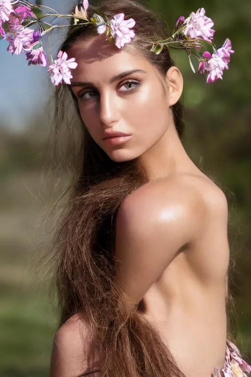 Image similar to photograph of an olive skinned female model in her twenties, her hair pinned up with flowers, wearing a designer top, looking content, focused on her neck, photo realistic, extreme detail skin, natural beauty, no filter, slr, golden hour, 8 k, high definition, selfie