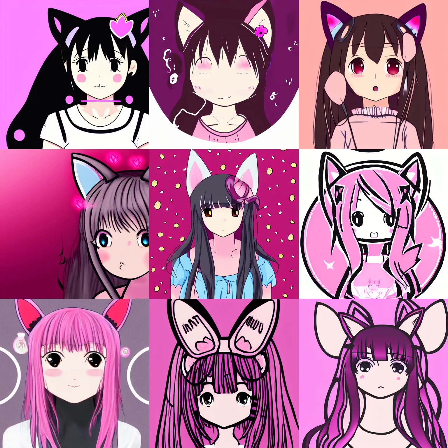 Prompt: frontal portrait of a cute anime (cat) girl with cat ears drawing magic circles. Pink hue.
