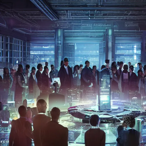 Image similar to large group people in a huge warehouse, looking at hologram of futuristic city on a table | cinematic concept art | godrays | 4 k | clear details | tabletop model | tabletop | hologram foreground