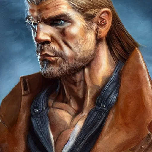 Image similar to portrait of a muscular, grim, ponytail haired blonde man in his late 30's, wearing a thick brown leather coat, looking to his side, scarred face, blue eyes, hunter, DnD character, fantasy character, dramatic lighting, digital art by Ruan Jia, Krenz Cushart, Rossdraws and Boris Vallejo