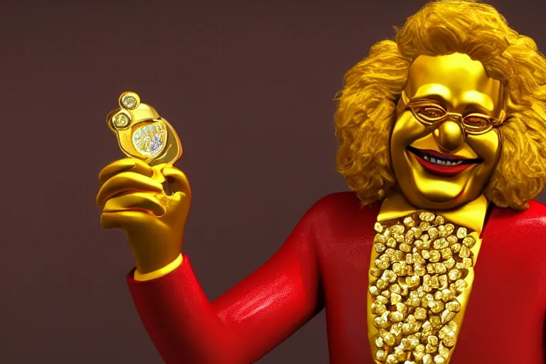 Image similar to a still of ronald mcdonald surrounded by gold and diamonds, award - winning, photograph, 3 d render, unreal engine, 4 k detailed