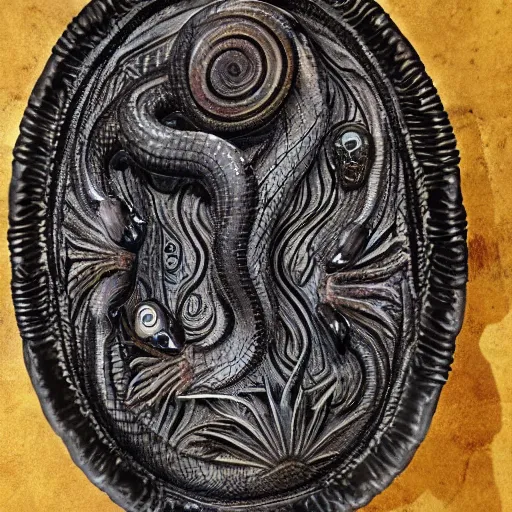 Image similar to serpent king : : grubby, volatile, highly detailed, maximalist : : obsidian carving : :