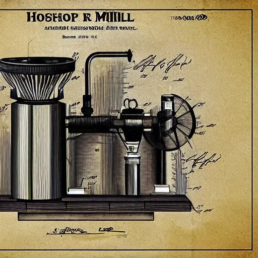 Image similar to plans for a horse - drawn coffee mill in the style of thomas edison. patent filing. detailed. hd