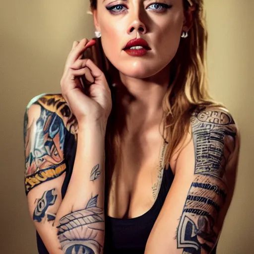 Image similar to amber heard with tattoos on forehead in orange prison uniform, ultra realistic, canon 3 5 mm portrait photography, 8 k