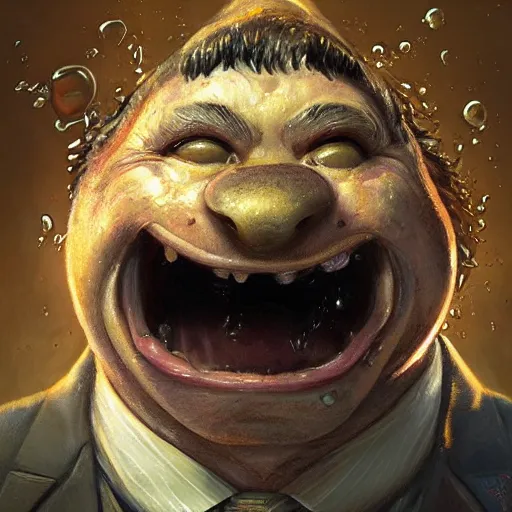 Image similar to hyper realistic, close up portrait of a derpy mr. bean, big chungus covered in wet mac and cheese by greg rutkowski, scott m fischer, artgerm, loish, slight glow, atmospheric