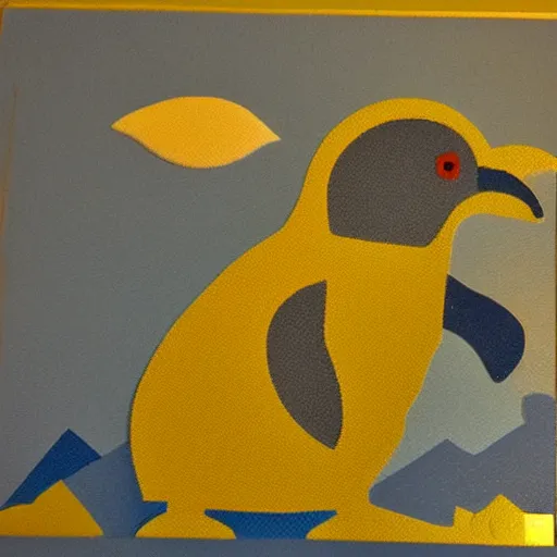 Image similar to pixel art of a penguin climbing a mountain. backlit with blue light at midnight
