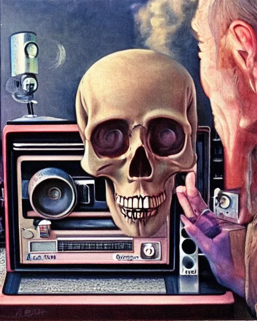 Image similar to a pensive skull observing 8 0 s era technology, vintage shapes, retro technology, vintage color, wayne barlow, oil on canvas, deep depth of field, masterpiece, cinematic composition, hyperdetailed