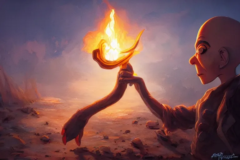 Prompt: squidward firebending outside at susnset, art by artgerm and greg rutkowski