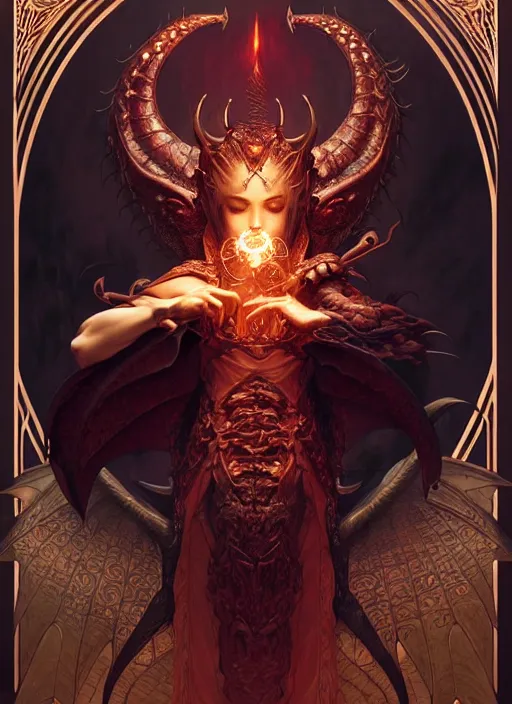 Image similar to a beautiful cd album cover of a satanic sorcerer taming a dragon, intricate, sharp focus, illustration, highly detailed, digital painting, concept art, matte, art by WLOP and Artgerm and Greg Rutkowski and Alphonse Mucha, masterpiece