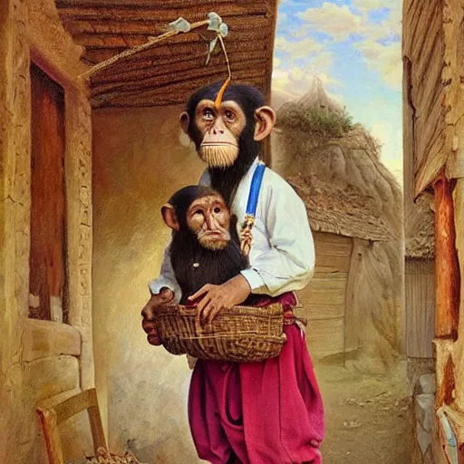 Image similar to beautiful painting by sophie anderson of a chimpanzee wearing traditional men kurdish clothes baggy pants and white shirt with a large sash tied around the waist in a kurdish village, award winning art, insanely detailed, bright colors, global illumination, cute, young, stunning