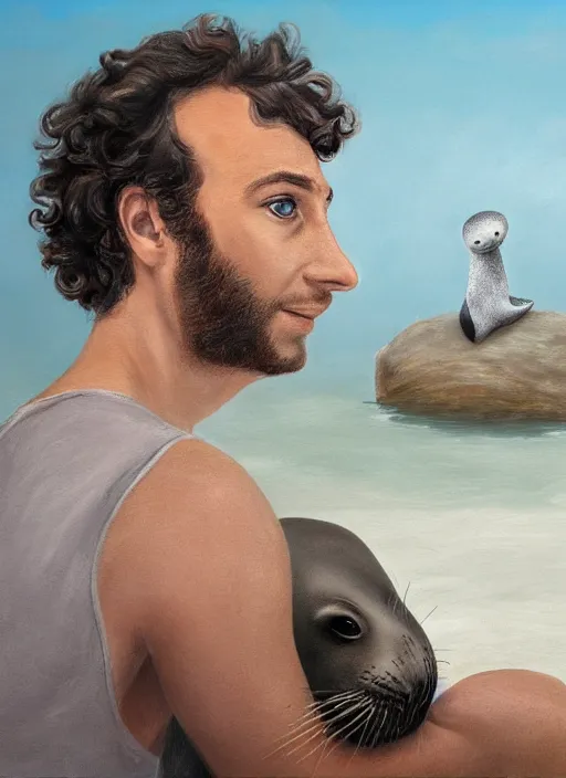 Image similar to a young man and a seal staring at each other intently. the man has brown curly hair, brown beard, small nose, blue eyes. the seal is gray. digital painting by annie lebowitz. extremely detailed, ultra realistic