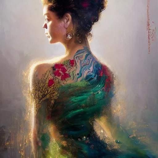 Image similar to an epic painting of a 1 9 years old girl figure, curly messy high bun hairstyle, oriental tattoos, subject wearing a gold and ruby high fashion gown, flowing, ornate, beautiful, muted tonal colors, with few vivid green highlights, by jeremy mann and greg rutkowski, artstation, oil on canvas