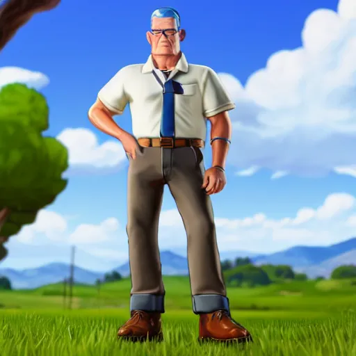 Image similar to hank hill in fortnight, 4 k, hyper realistic, dslr, high resolution, landscape, beautiful, game screenshot