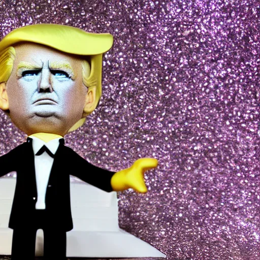 Image similar to Donald Trump with silver-violet hair, white eyes and golden glittery dress, wide lens, diorama, 4k,