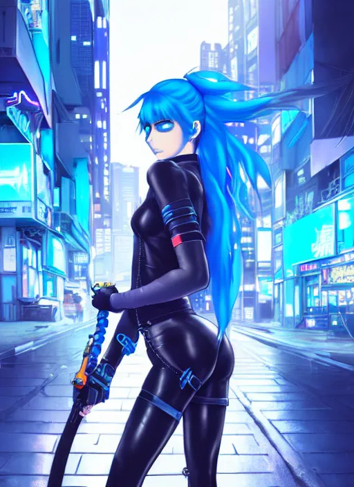 Image similar to hyper realistic photograph portrait of cyberpunk pretty girl with blue hair, beautiful blue eyes, wearing a full leather outfit, holding a whip, in city street at night, by makoto shinkai, ilya kuvshinov