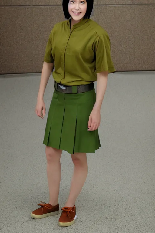 Image similar to a full - length photo of real life toph from avatar wearing a school uniform