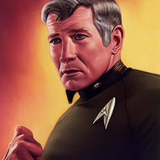 Image similar to photograph of captain j. kirk from star trek screaming in terror. sharp photograph, sharp focus, highly detailed,, detailed face!!, ultra realism, dramatic lighting, zeiss lens, canon eos, detailed skin, dynamic pose, 8 k resolution, hyperrealism, portrait photography, art by artgerm and greg rutkowski and alphonse mucha