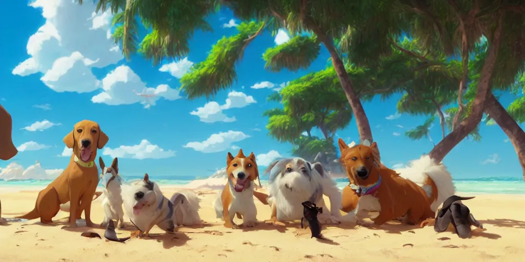 Image similar to a wholesome animation key shot of dogs at a tropical beach, medium shot, waist up, studio ghibli, pixar and disney animation, sharp, very detailed, high resolution, rendered in unreal engine 5, anime key art by greg rutkowski, bloom, dramatic lighting