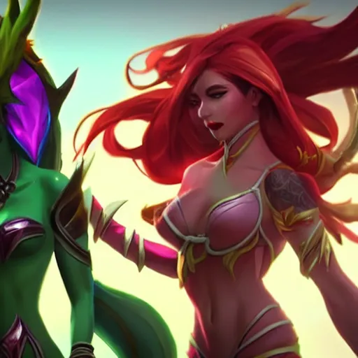 Image similar to league of legends cinematic, kai'sa and xayah are best friends, hyperrealistic