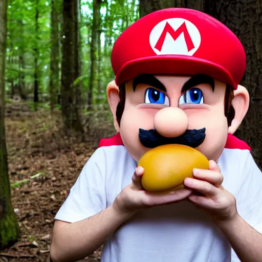 Prompt: real life photograph of Super Mario in the woods, discovering a bright red and white mushroom, extremely eager to eat it up, his face is filled with extreme happiness and surprise, 4K award winning photography