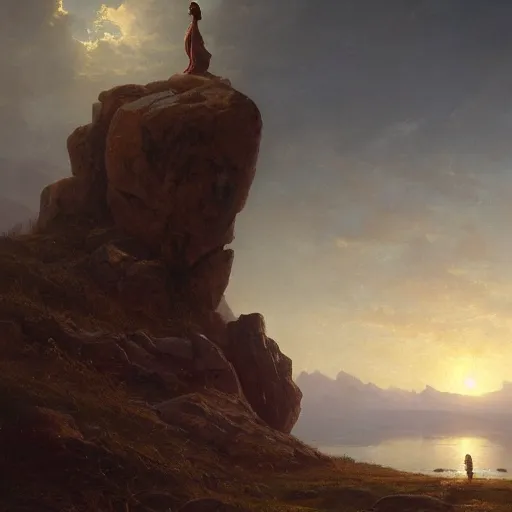 Image similar to an ultradetailed matte landscape painting of mountain sized sculpture of a beautiful and elegant woman, sunrise on the horizon in the background, stone hand raised up, 8 k, art by greg rutkowski and albert bierstadt