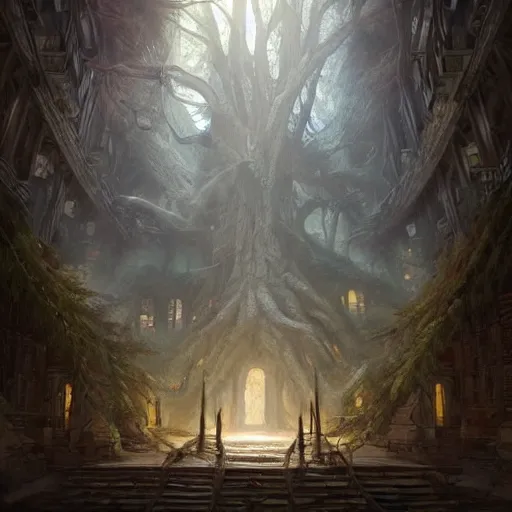 Prompt: a beautiful giant tree growing in the middle of an ancient vast Victorian library indoors. a doorwat embedded in a tree. setting: library. fantasy digital art, fantasy style art, fantasy hearthstone art style, fantasy game art by greg rutkowski, darksouls concept art