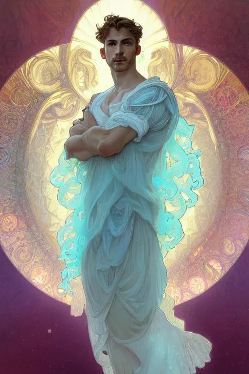 Image similar to portrait of a beautiful young fit male angel with curly blond hairs, dressed with fluent clothes, luminous scene, by greg rutkowski and alphonse mucha, d & d character, gradient white to cyan, in front of an iridescent background, highly detailed portrait, digital painting, artstation, concept art, smooth, sharp focus ilustration, artstation hq