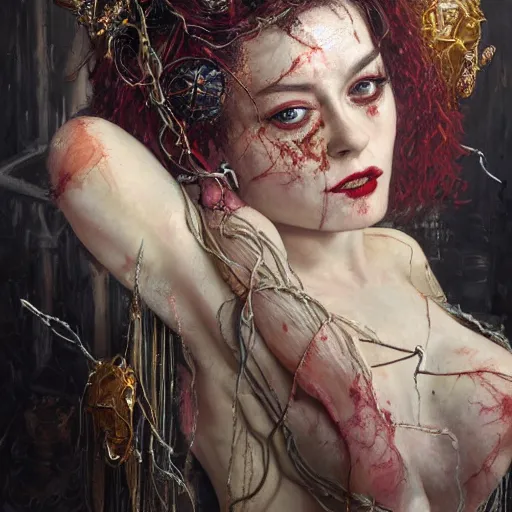 Prompt: stoya expressive oil painting, of helena bonham carter mixed with sophia lauren, bumpy mottled skin full of blood and scars, ornate headpiece made from crystals, cables and wires, hypermaximalist, elegant, body horror, by karol bak nd yoshitaka amano and greg rutkowski and jeremyg lipkinng and artgerm, digital art