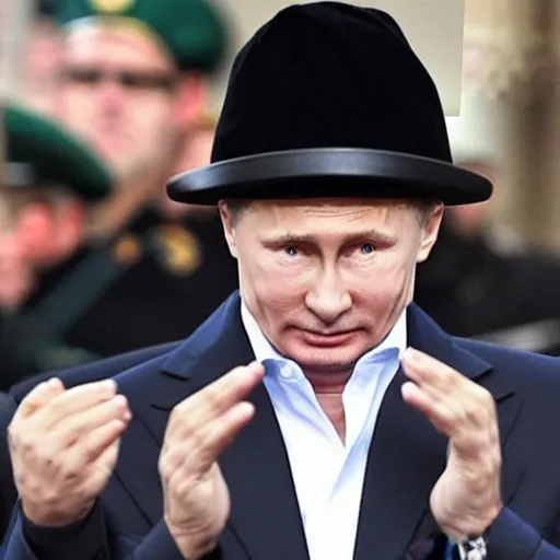 Image similar to putin wearing a black leather hat, frontal view, cool looking