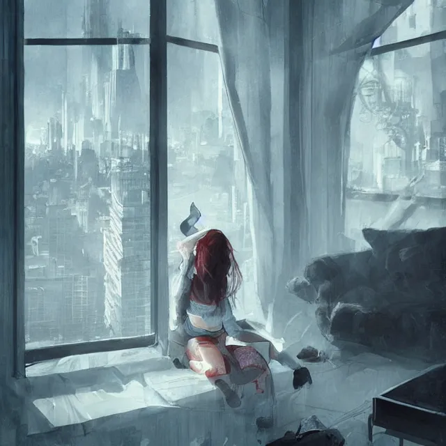 Image similar to window, woman, buildings, surprise, scared, couch by wlop, artgerm, greg rutkowski, evocative, highly detailed
