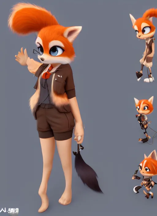 Image similar to female furry mini cute style, character adoptable, highly detailed, rendered, ray - tracing, cgi animated, 3 d demo reel avatar, style of maple story and zootopia, maple story fox girl, orange fox, dark skin, cool clothes, soft shade, soft lighting