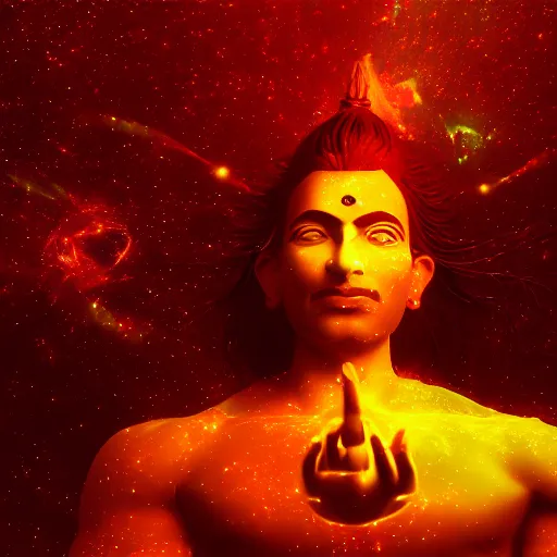 Prompt: Epic wide angle portrait of Shiva generating the universe with his dance, digital painting, octane render, glowing colors