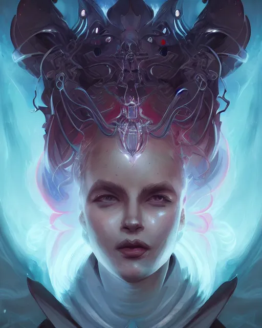 Prompt: portrait of a beautiful satanic cybernetic emanation, by pete mohrbacher and artgerm and wlop, digital art, highly detailed, intricate, fantasy, mystical, sharp focus, Trending on Artstation HQ, deviantart, unreal engine 5, 4K UHD image