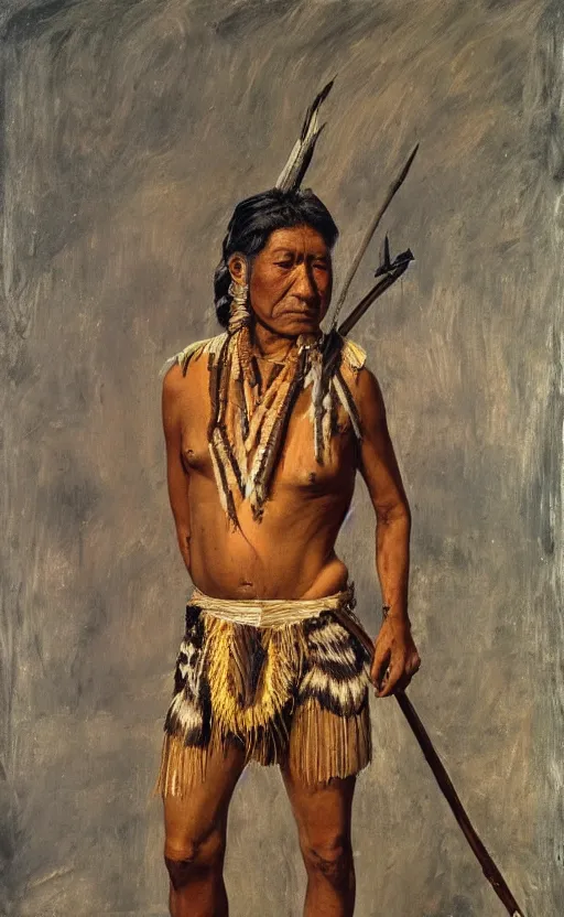 Image similar to full shot picture of indigenous people young man standing with a spear, painted by lucian freud, hd, super detailed, amazing, realistic lighting