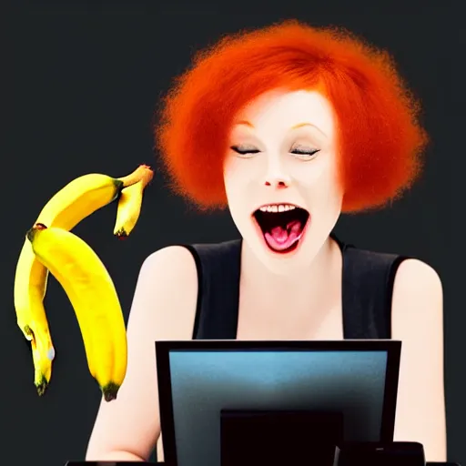 Image similar to happy red - haired cat using a computer, viewed while eating a banana, black background, retro design, high quality detailed image