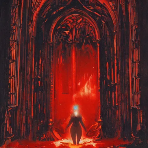 Image similar to doorway to hell in grand gothic cathedral, inner conflict, scarlet hue, tom lovell, painting, influences from mobius, ashley wood. otomo, akira, greg tocchini, mike mignola