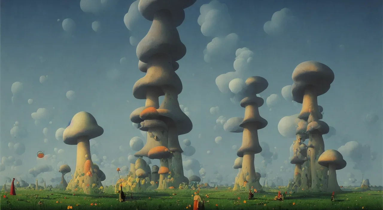 Prompt: a high contrast! painting of a minimalist flooded toadstool tower by rene magritte simon stalenhag carl spitzweg jim burns, full-length view, vibrant colors, extremely high contrast!, symmetry, great composition, high detail, cinematic lighting, award winning masterpiece, trending on artstation