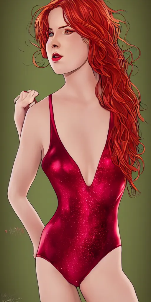 Image similar to beautiful full body portrait of a ginger woman wearing a sparkling cherry color one piece swimsuit wlop, artgerm, artstation