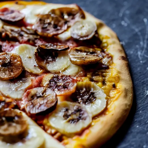 Prompt: a 5 0 mm macro shot of a banana pizza, depth of field, high resolution