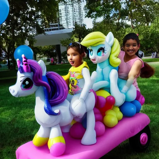 Prompt: (my little pony) giving rides to children at a birthday party in the city park. balloons, cake, presents, crazy.