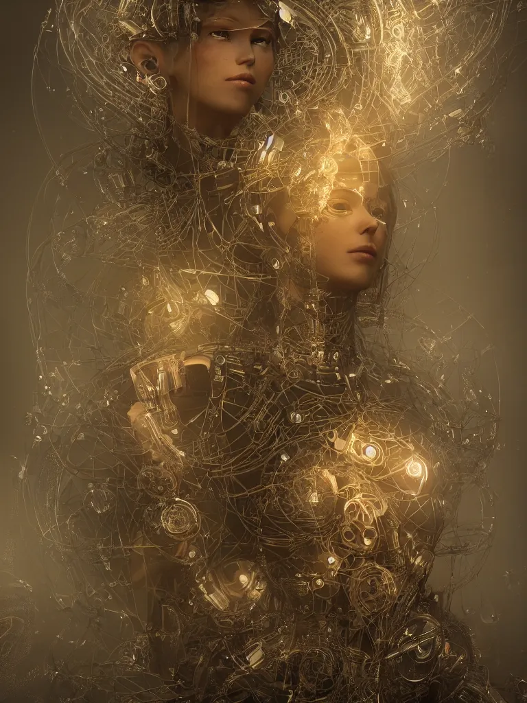 Prompt: a photo of a robotic woman covered in modular synthesizer parts surrounded by sacred geometry made from elven architecture, full body, perfect face, powerful, cinematic, beautifully lit, by bastien lecouffe - deharme, by karol bak, 3 d, octane render, 8 k