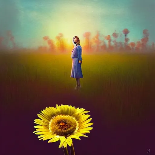 Image similar to large daisy flower head, frontal, a girl in a suit, surreal photography, sunrise, dramatic light, impressionist painting, digital painting, artstation, simon stalenhag