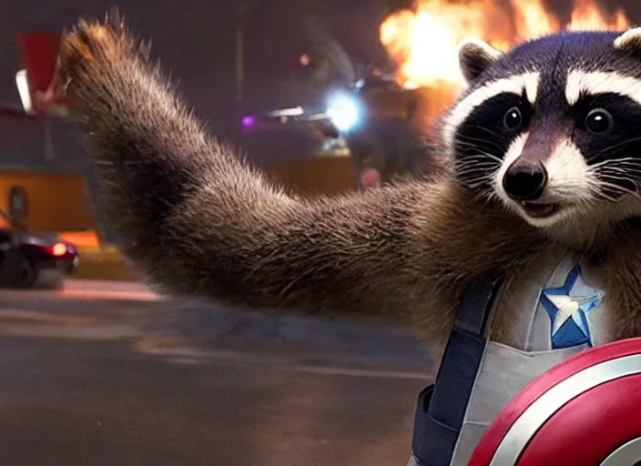 Image similar to film still of Rocket Racoon working at McDonald's in the new Avengers movie, 4k