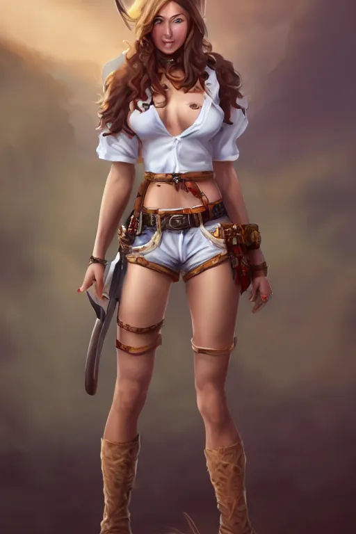 Image similar to full body, female cowgirl, perfect face, white blouse, 8 k, magic the gathering, desert, d & d, artstation, high detail, smooth, muscular