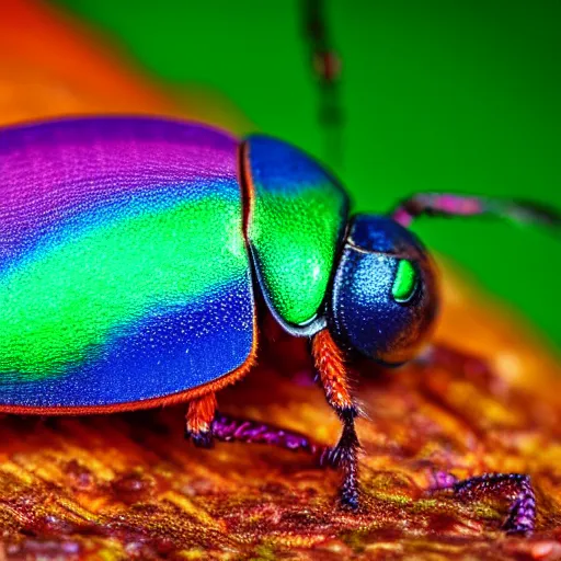 Prompt: rainbow colored beetle, hyperrealistic macro photograph, vivid colors