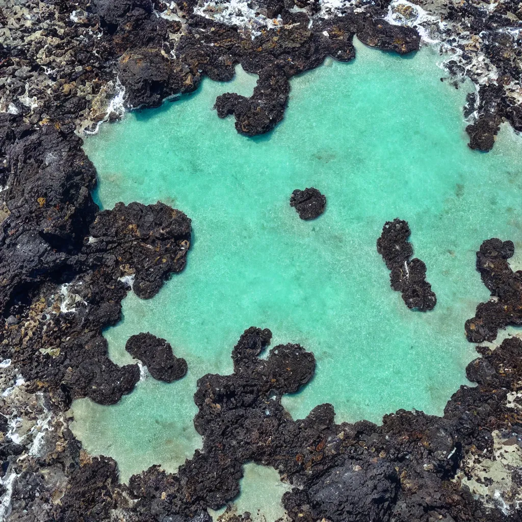 Prompt: birds eye view tide pools, clear pools of water with swirling sea foam, dark black smooth obsidian boulders, floating kelp, small fishes, octopus