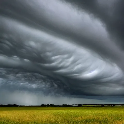 Prompt: a dark ominous sky filled with funnel clouds above a vast grassy plain