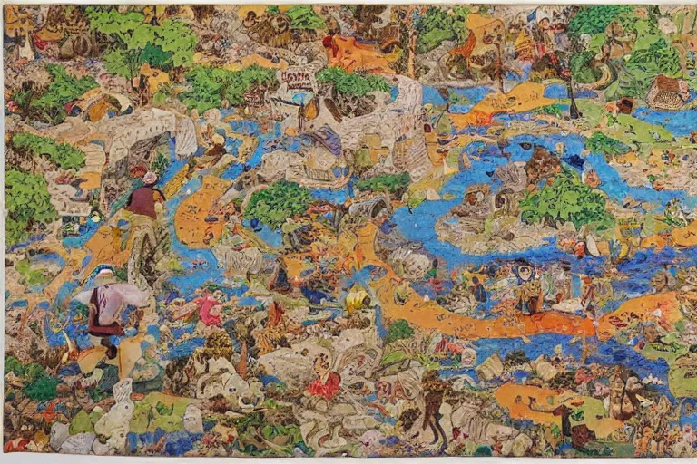 Prompt: an elaborate and dense painting of a kids road map carpet rug, detailed, made of alcohol ink on parchment and penned illustrations, by wes anderson and geoff darrow!!!!!